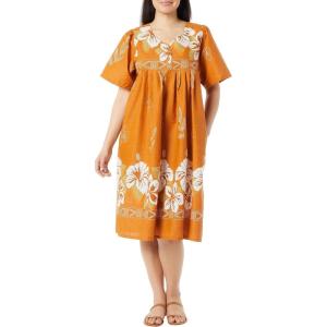 AmeriMark Womens Patio Dress Lounger Floral Print Border Short Sleeve & Pockets(Orange)