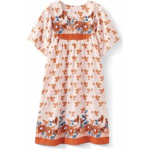 AmeriMark Womens Patio Dress Lounger Floral Print Border Short Sleeve & Pockets(Peach Blue Border)