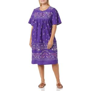 AmeriMark Womens Patio Dress Lounger Floral Print Border Short Sleeve & Pockets(Purple Border)