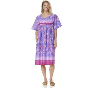 AmeriMark Womens Patio Dress Lounger Floral Print Border Short Sleeve & Pockets(Purple Multi)