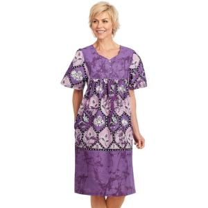 AmeriMark Womens Patio Dress Lounger Floral Print Border Short Sleeve & Pockets(Purple Print)