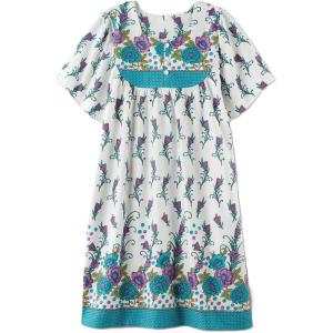 AmeriMark Womens Patio Dress Lounger Floral Print Border Short Sleeve & Pockets(Purple Teal Border)