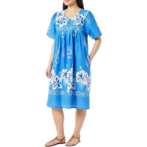 AmeriMark Womens Patio Dress Lounger Floral Print Border Short Sleeve & Pockets(Royal)