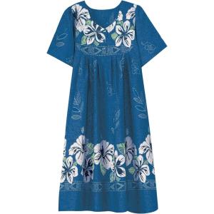 AmeriMark Womens Patio Dress Lounger Floral Print Border Short Sleeve & Pockets(Sapphire)