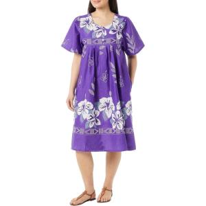 AmeriMark Womens Patio Dress Lounger Floral Print Border Short Sleeve & Pockets(Violet)