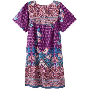 AmeriMark Womens Patio Dress Lounger Floral Print Border Short Sleeve & Pockets(Violet Floral)