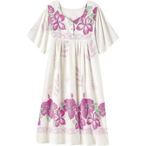 AmeriMark Womens Patio Dress Lounger Floral Print Border Short Sleeve & Pockets(White Bold Floral)