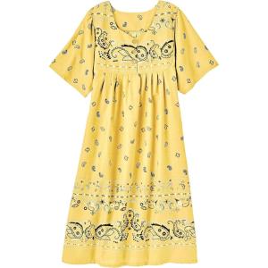 AmeriMark Womens Patio Dress Lounger Floral Print Border Short Sleeve & Pockets(Yellow Border)