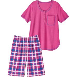 AmeriMark Women’s Short Pajama Set Checkered Woven Pants & Short Sleeve PJ Top Tropical(Bright Orchid)