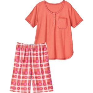 AmeriMark Women’s Short Pajama Set Checkered Woven Pants & Short Sleeve PJ Top Tropical(Coral Splash)