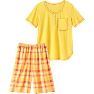 AmeriMark Women’s Short Pajama Set Checkered Woven Pants & Short Sleeve PJ Top Tropical(Sunshine Yellow)