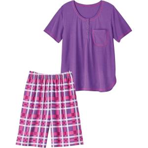 AmeriMark Women’s Short Pajama Set Checkered Woven Pants & Short Sleeve PJ Top Tropical(Vivid Violet)