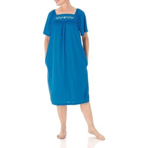 AmeriMark Womens Solid Embroidered House Dress with Pockets Muu Muu Nightgown Plus Size(Atlantic Blue)