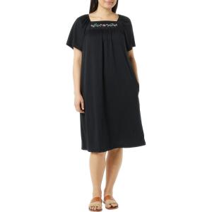 AmeriMark Womens Solid Embroidered House Dress with Pockets Muu Muu Nightgown Plus Size(Black)
