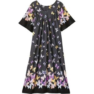 AmeriMark Women’s V-Neck Lounger House Dress with Pockets Muumuu Nightgown(Black Butterflies)