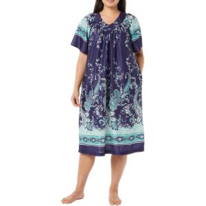 AmeriMark Women’s V-Neck Lounger House Dress with Pockets Muumuu Nightgown(Navy Turquoise Border)