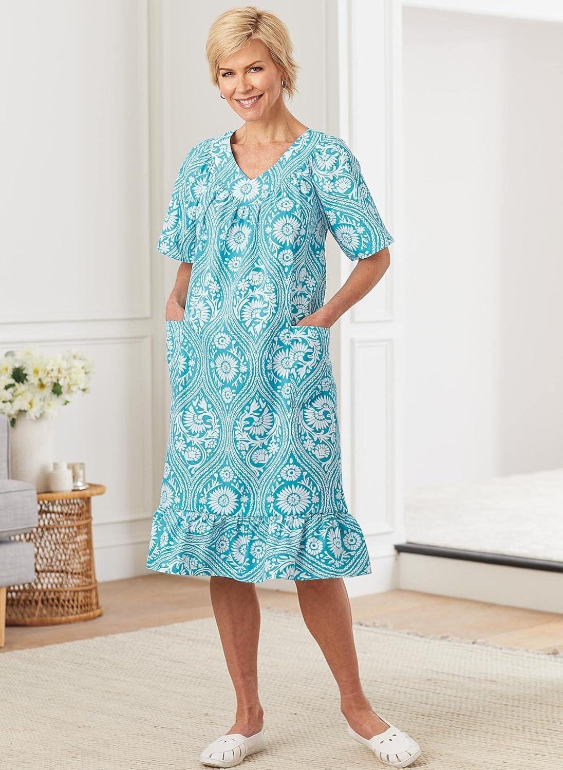 imageAmeriMark Casual Womens Muumuu House Dress Comfortable Flowy Short Sleeve Patio Sun Dress Lounger Gown Sleepwear for LadiesBlue Brocade