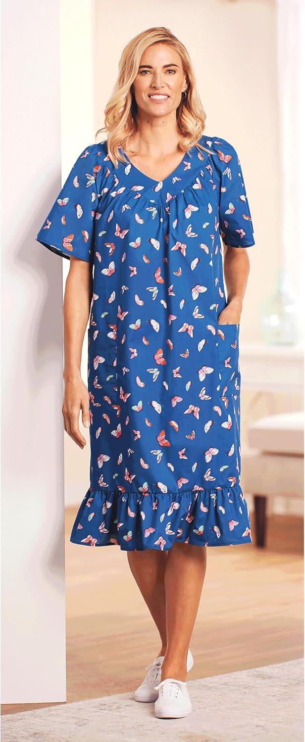 imageAmeriMark Casual Womens Muumuu House Dress Comfortable Flowy Short Sleeve Patio Sun Dress Lounger Gown Sleepwear for LadiesBlue Butterflies