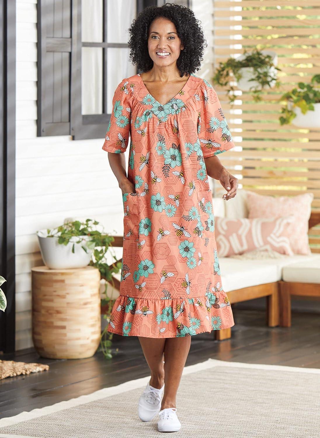 imageAmeriMark Casual Womens Muumuu House Dress Comfortable Flowy Short Sleeve Patio Sun Dress Lounger Gown Sleepwear for LadiesCoral Honeycomb