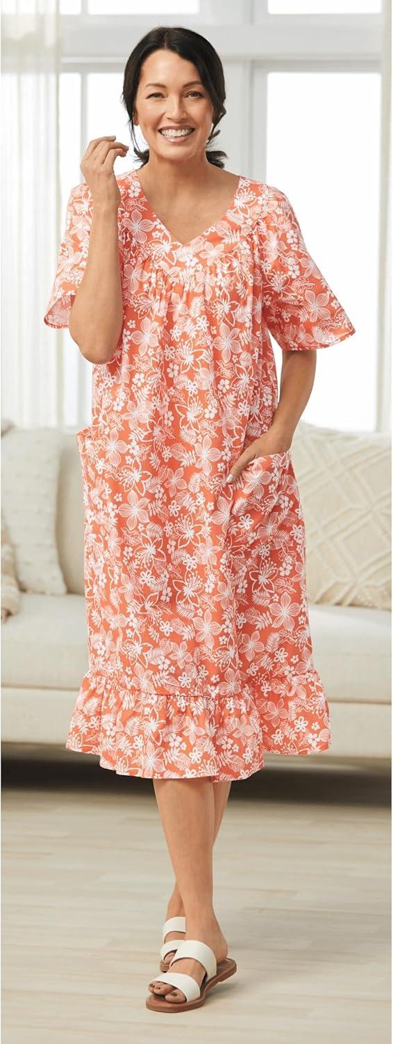imageAmeriMark Casual Womens Muumuu House Dress Comfortable Flowy Short Sleeve Patio Sun Dress Lounger Gown Sleepwear for LadiesCoral Palm