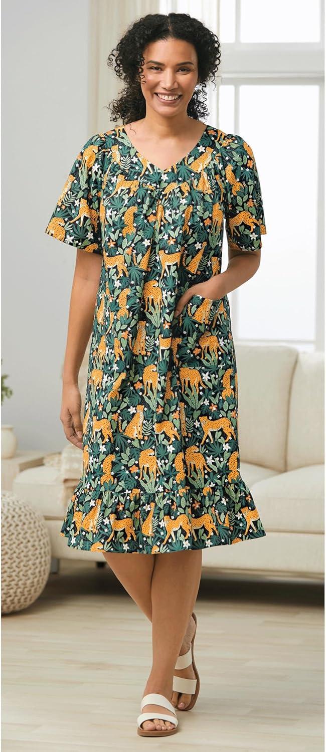 imageAmeriMark Casual Womens Muumuu House Dress Comfortable Flowy Short Sleeve Patio Sun Dress Lounger Gown Sleepwear for LadiesKitty Palm