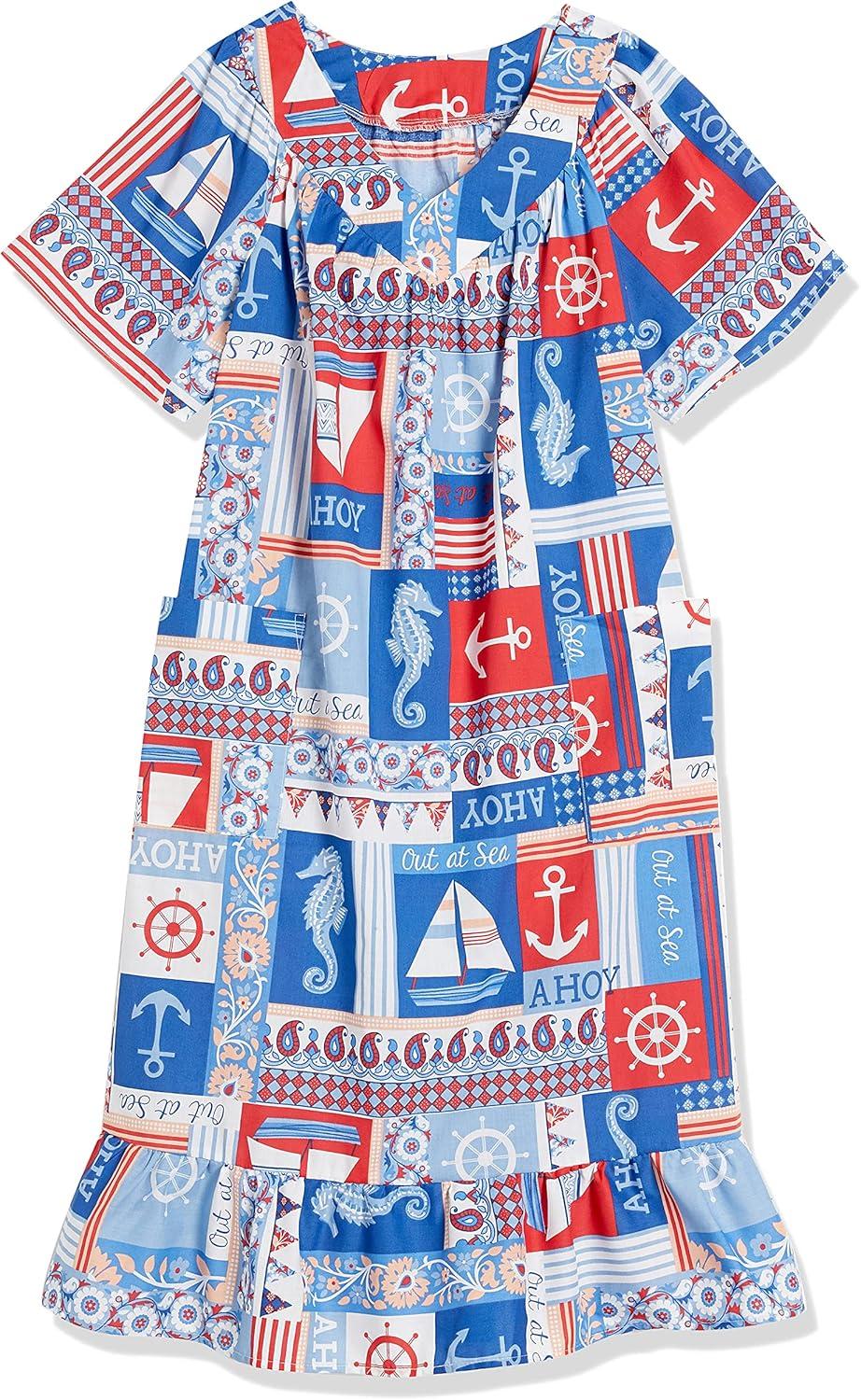 imageAmeriMark Casual Womens Muumuu House Dress Comfortable Flowy Short Sleeve Patio Sun Dress Lounger Gown Sleepwear for LadiesNautic Patch