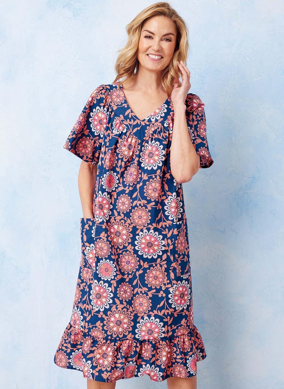 imageAmeriMark Casual Womens Muumuu House Dress Comfortable Flowy Short Sleeve Patio Sun Dress Lounger Gown Sleepwear for LadiesNavy Floral