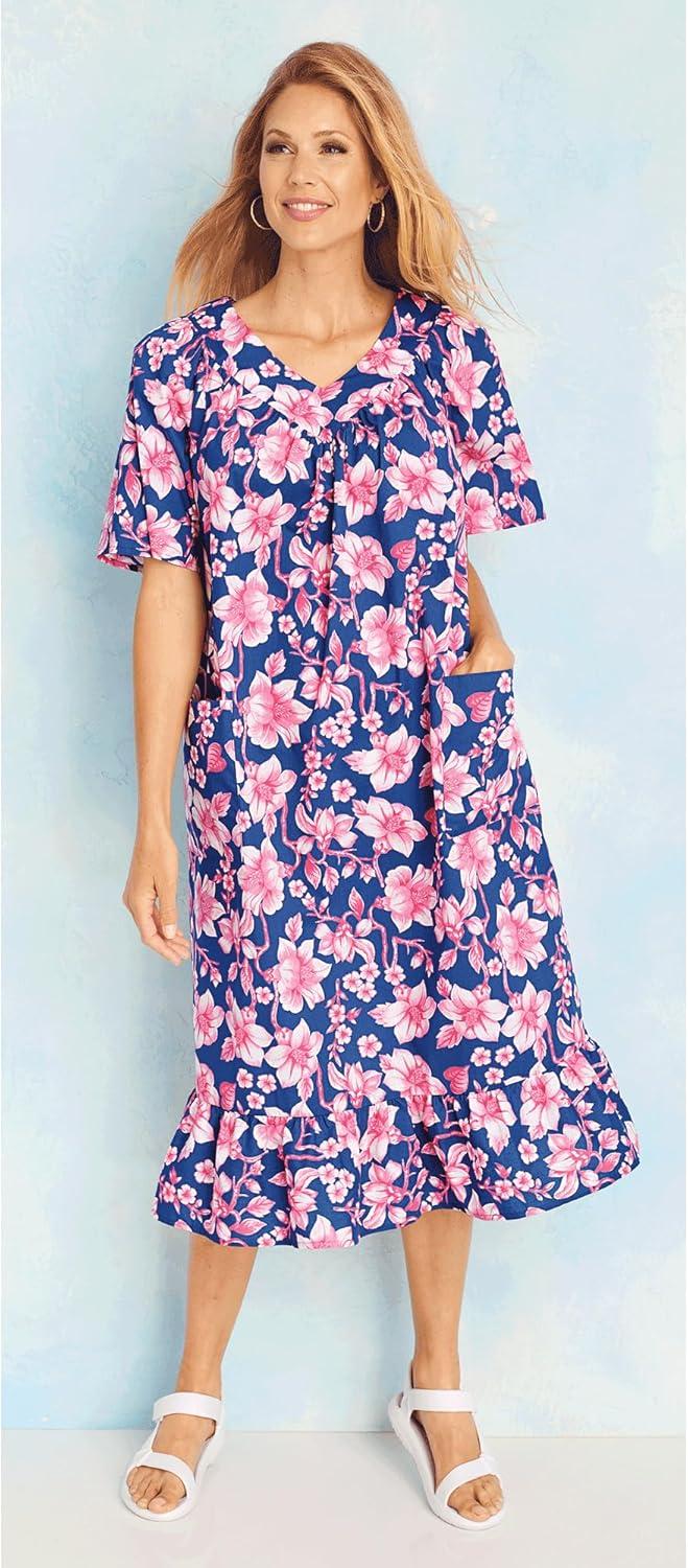 imageAmeriMark Casual Womens Muumuu House Dress Comfortable Flowy Short Sleeve Patio Sun Dress Lounger Gown Sleepwear for LadiesPink Hibiscus