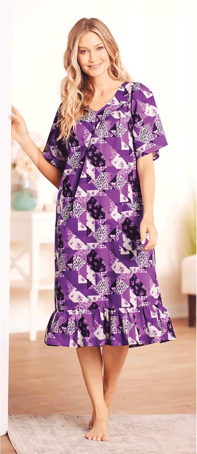 imageAmeriMark Casual Womens Muumuu House Dress Comfortable Flowy Short Sleeve Patio Sun Dress Lounger Gown Sleepwear for LadiesPurple Patch