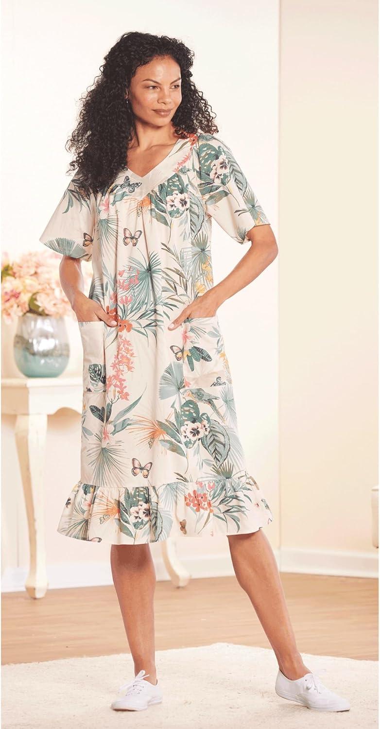 imageAmeriMark Casual Womens Muumuu House Dress Comfortable Flowy Short Sleeve Patio Sun Dress Lounger Gown Sleepwear for LadiesSand Floral