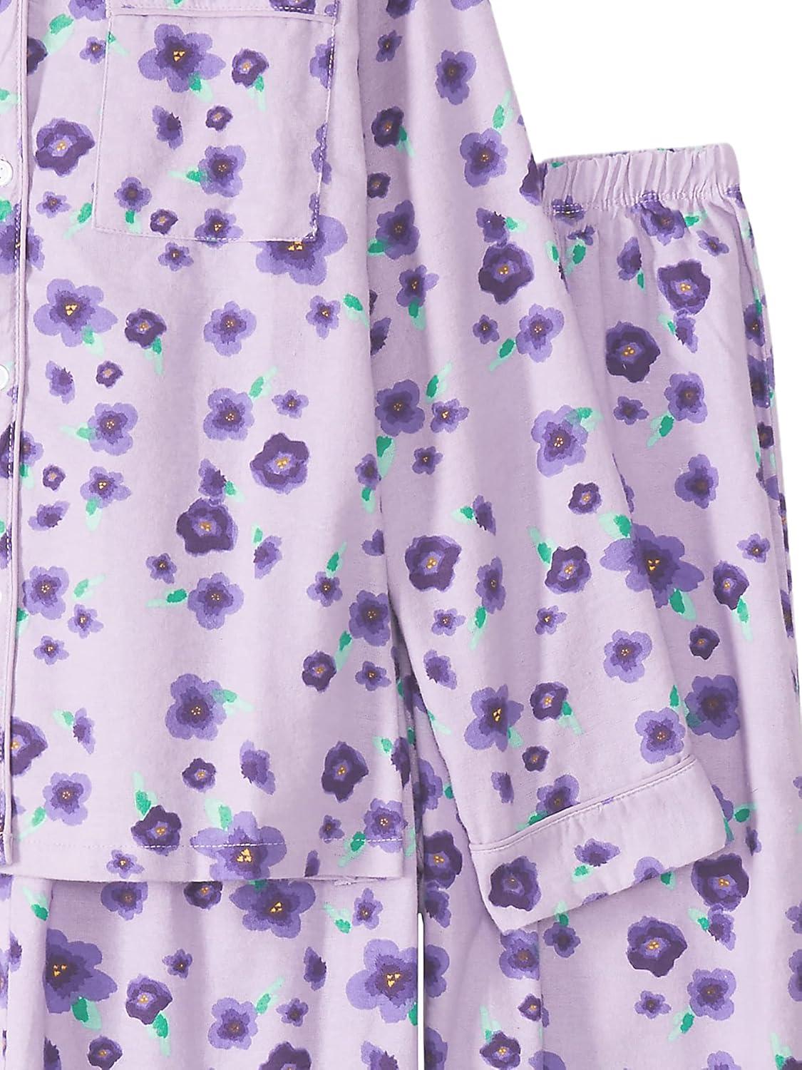 imageAmeriMark Cozee Corner Floral Printed Flannel Pajama Set 100 Cotton Flannel PJs ButtonDown Top Elastic Waist PantsPurple Floral