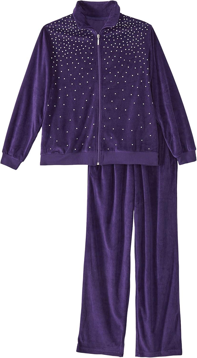 imageAmeriMark Women Velour Rhinestone Sweatsuit Set Ladies 2Piece Tracksuit ZipUp Jacket Elastic Waist Pants Athletic OutfitPurple
