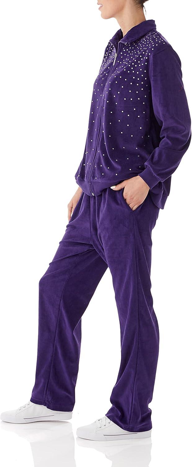 imageAmeriMark Women Velour Rhinestone Sweatsuit Set Ladies 2Piece Tracksuit ZipUp Jacket Elastic Waist Pants Athletic OutfitPurple