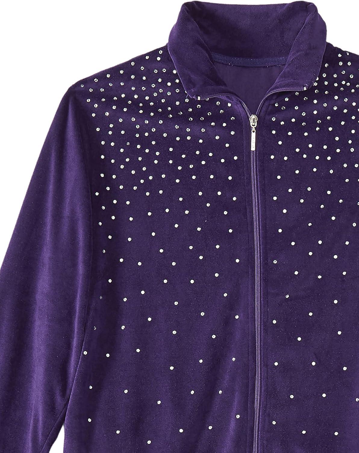 imageAmeriMark Women Velour Rhinestone Sweatsuit Set Ladies 2Piece Tracksuit ZipUp Jacket Elastic Waist Pants Athletic OutfitPurple