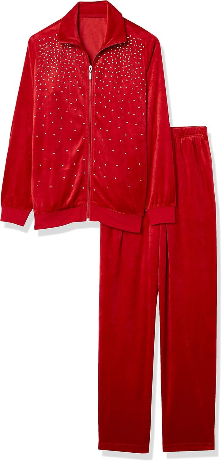 imageAmeriMark Women Velour Rhinestone Sweatsuit Set Ladies 2Piece Tracksuit ZipUp Jacket Elastic Waist Pants Athletic OutfitRed