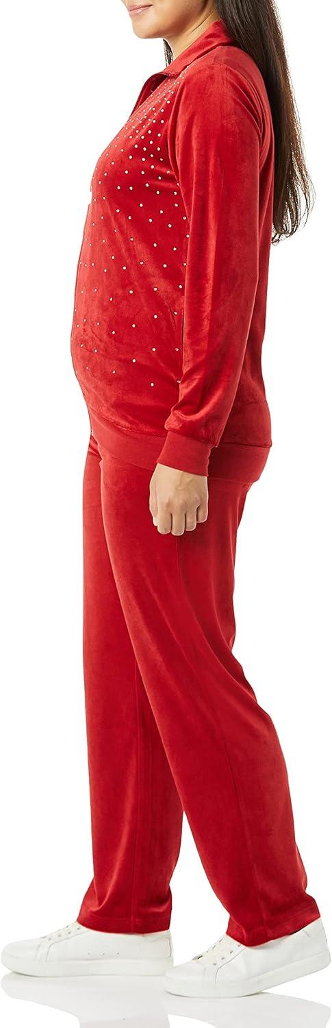 imageAmeriMark Women Velour Rhinestone Sweatsuit Set Ladies 2Piece Tracksuit ZipUp Jacket Elastic Waist Pants Athletic OutfitRed