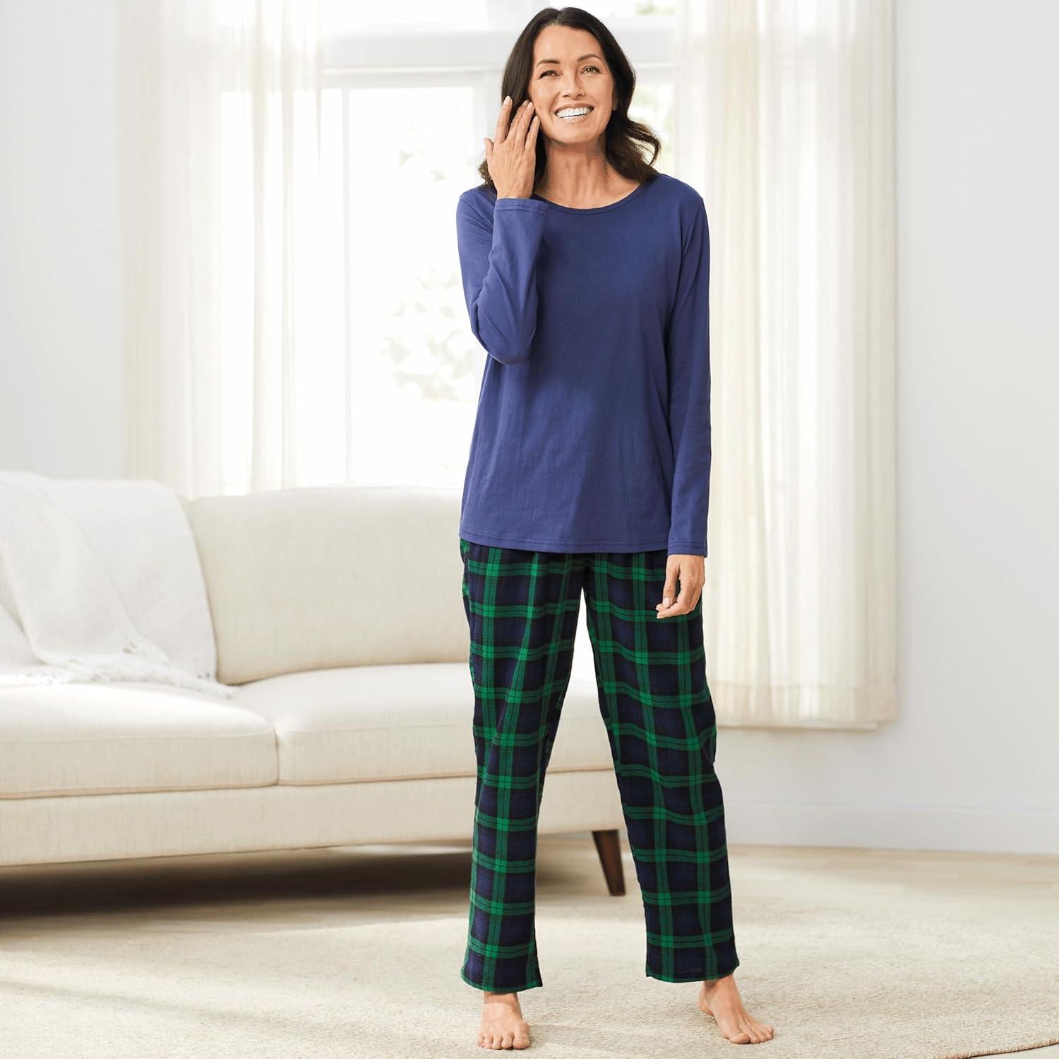 imageAmeriMark Womens 2Piece Flannel Pajama Set Nightwear for Sleeping Long Sleeve Cotton Loungewear Top and PJ Pants SleepwearNavy