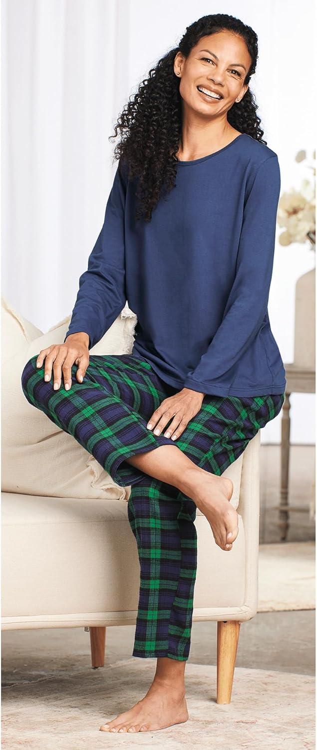 imageAmeriMark Womens 2Piece Flannel Pajama Set Nightwear for Sleeping Long Sleeve Cotton Loungewear Top and PJ Pants SleepwearNavy