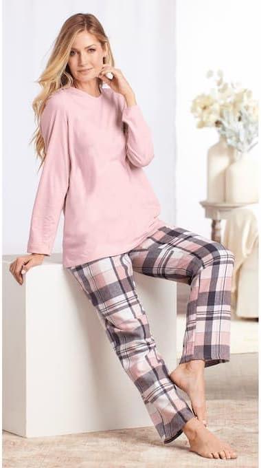 imageAmeriMark Womens 2Piece Flannel Pajama Set Nightwear for Sleeping Long Sleeve Cotton Loungewear Top and PJ Pants SleepwearRose