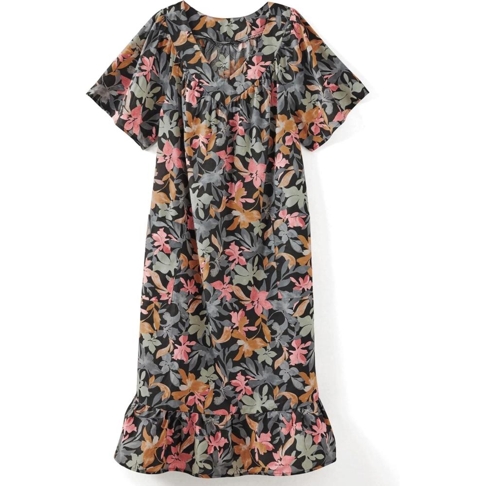 imageAmeriMark Casual Womens Muumuu House Dress Comfortable Flowy Short Sleeve Patio Sun Dress Lounger Gown Sleepwear for LadiesBlack Leave
