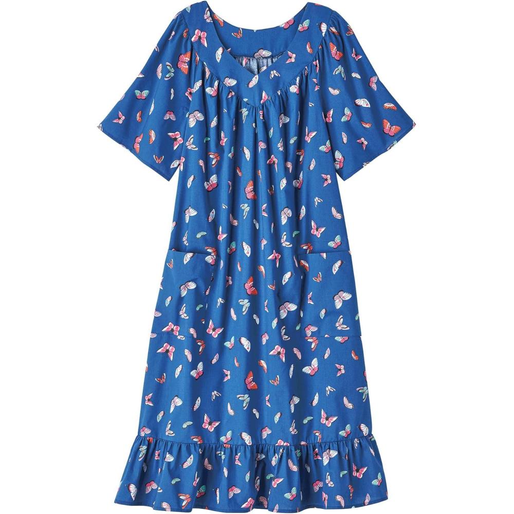 imageAmeriMark Casual Womens Muumuu House Dress Comfortable Flowy Short Sleeve Patio Sun Dress Lounger Gown Sleepwear for LadiesBlue Butterflies