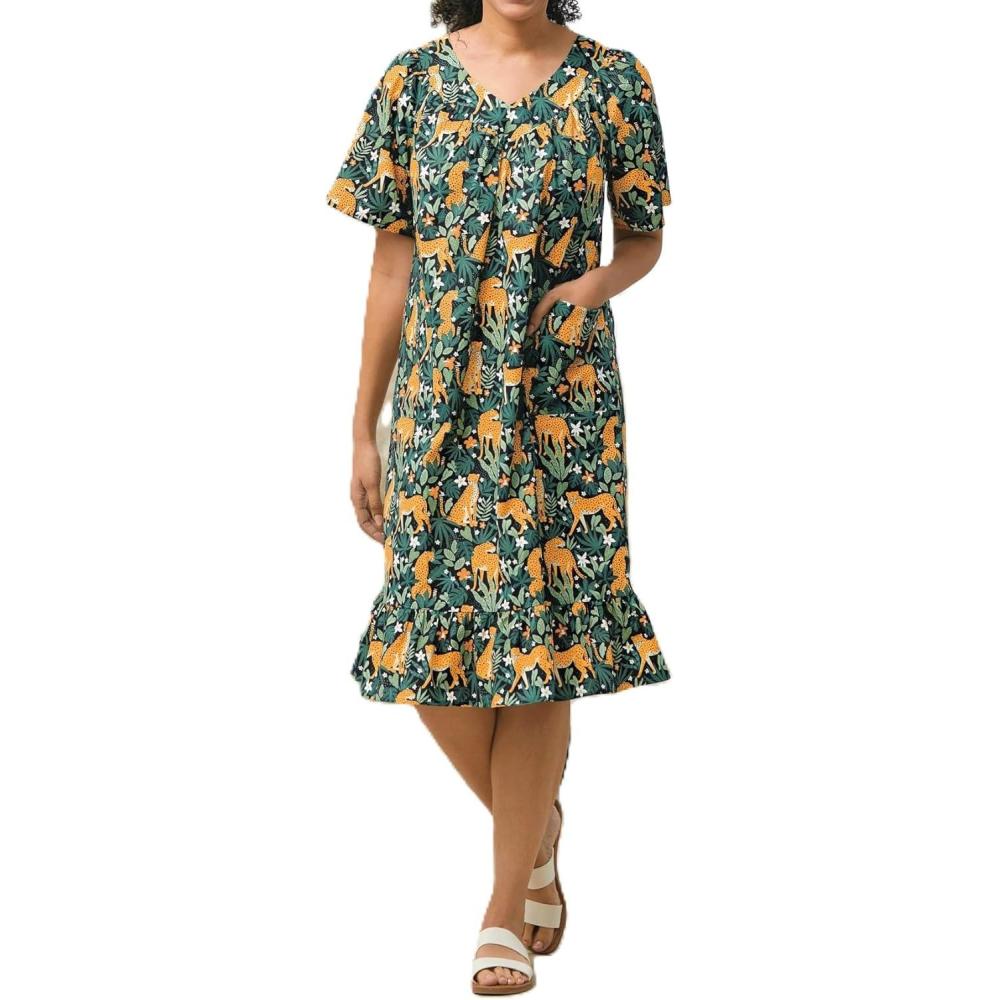 imageAmeriMark Casual Womens Muumuu House Dress Comfortable Flowy Short Sleeve Patio Sun Dress Lounger Gown Sleepwear for LadiesKitty Palm