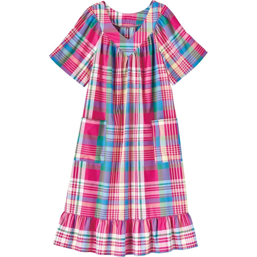 imageAmeriMark Casual Womens Muumuu House Dress Comfortable Flowy Short Sleeve Patio Sun Dress Lounger Gown Sleepwear for LadiesMadras Plaid