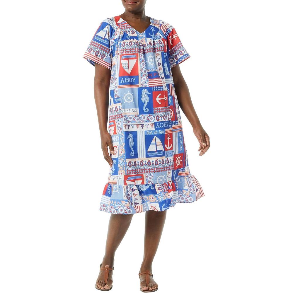 imageAmeriMark Casual Womens Muumuu House Dress Comfortable Flowy Short Sleeve Patio Sun Dress Lounger Gown Sleepwear for LadiesNautic Patch