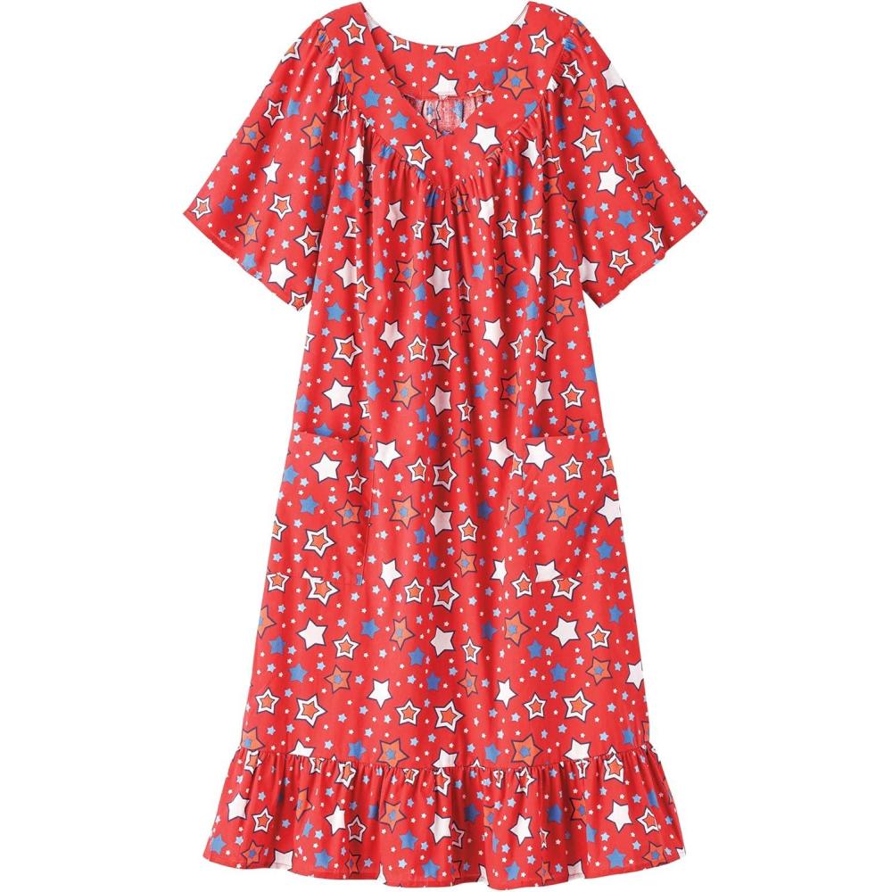imageAmeriMark Casual Womens Muumuu House Dress Comfortable Flowy Short Sleeve Patio Sun Dress Lounger Gown Sleepwear for LadiesRed Stars
