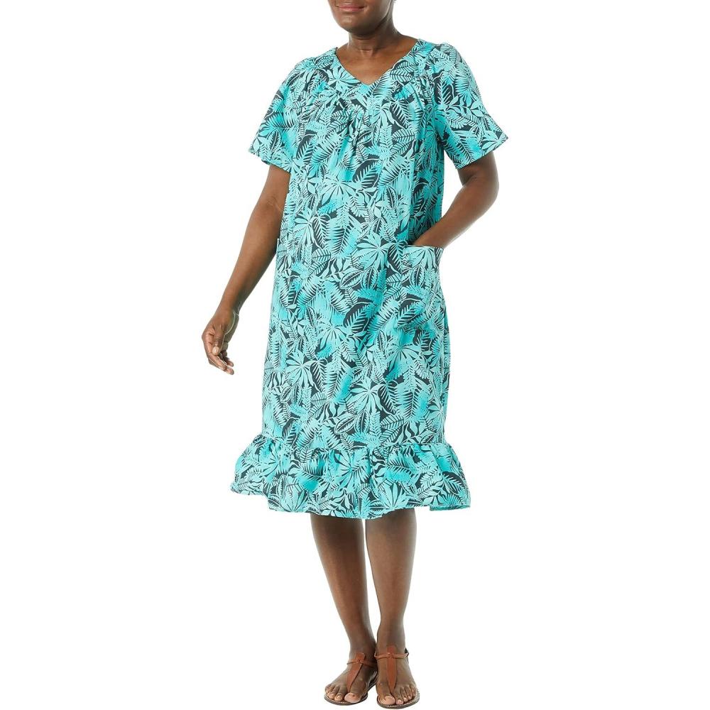 imageAmeriMark Casual Womens Muumuu House Dress Comfortable Flowy Short Sleeve Patio Sun Dress Lounger Gown Sleepwear for LadiesTropic Leaf
