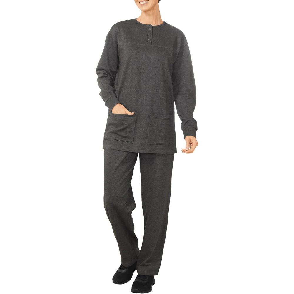 imageAmeriMark Comfortable Henley and Pant Set Womens Soft Long Sleeve Top and Pants Cozy Clothing and Lounge SetCharcoal