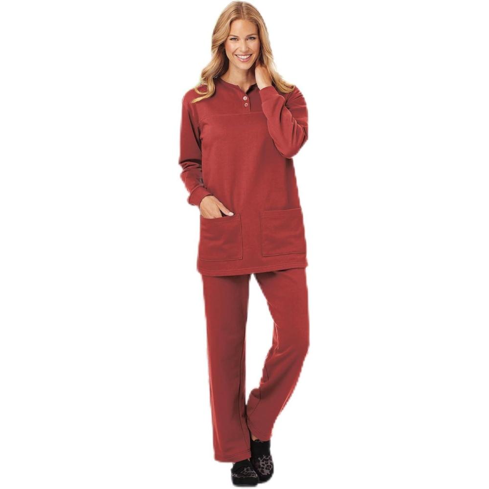 imageAmeriMark Comfortable Henley and Pant Set Womens Soft Long Sleeve Top and Pants Cozy Clothing and Lounge SetDeep Brick