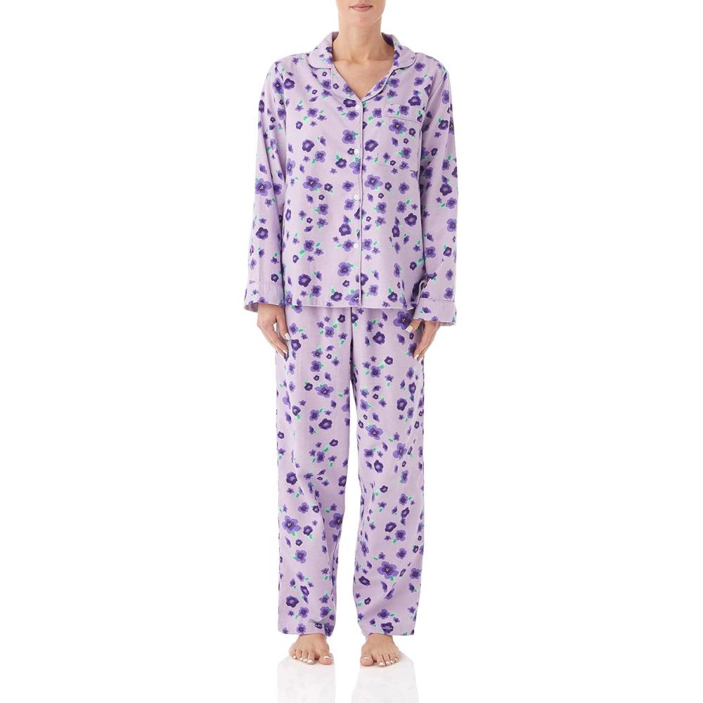 imageAmeriMark Cozee Corner Floral Printed Flannel Pajama Set 100 Cotton Flannel PJs ButtonDown Top Elastic Waist PantsPurple Floral