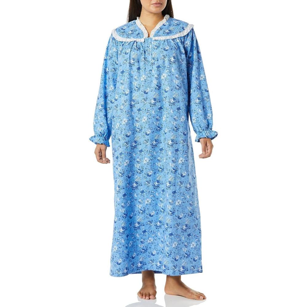imageAmeriMark Women FullLength Flannel Nightgown Pajamas Lightweight Warm Cotton Night Gown for Sleeping Long Sleeve PJsSoft Blue